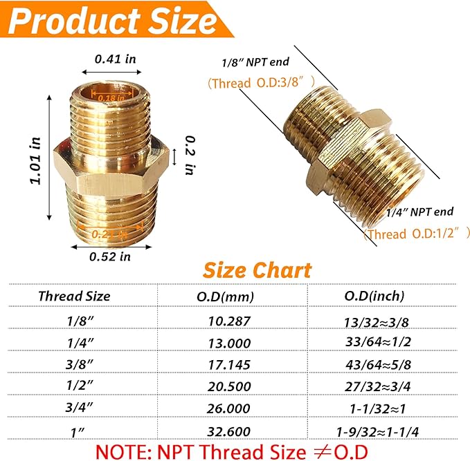 2pcs 1/4" NPT x 1/8" NPT Brass Nipple, 1/4 to 1/8 Adapter Fitting Reducing - Image 2