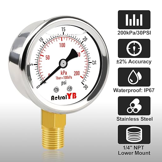 0-30 PSI Pressure Gauge, Glycerin-Filled, 2-Inch Stainless Steel Gauge - Image 2