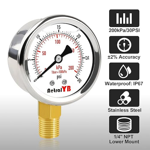 0-30 PSI Pressure Gauge, Glycerin-Filled, 2-Inch Stainless Steel Gauge - Image 2