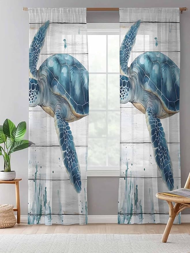 Sheer Curtains 96 Inches Long, Teal Green Ocean Turtle Semi Sheer Curtains - Image 5