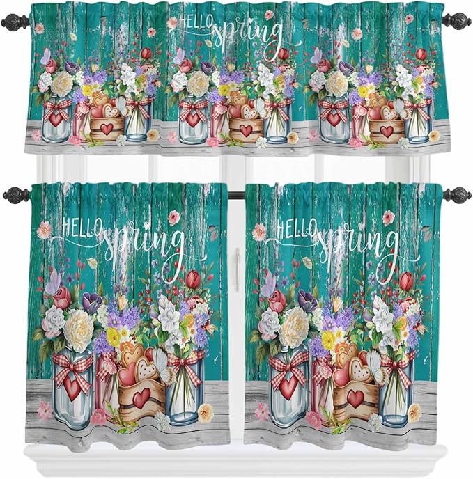 Spring Flowers Kitchen Curtain Set, Farmhouse Watercolor Teal Wood Grain Window by Unknown