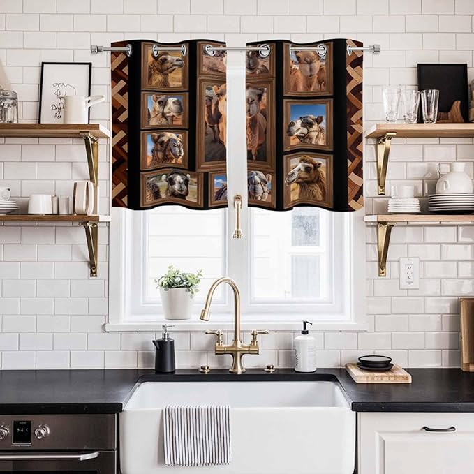 2 Panel Kitchen Cafe Curtains, Desert Camels Sunlight Filtering Nature Air - Image 2
