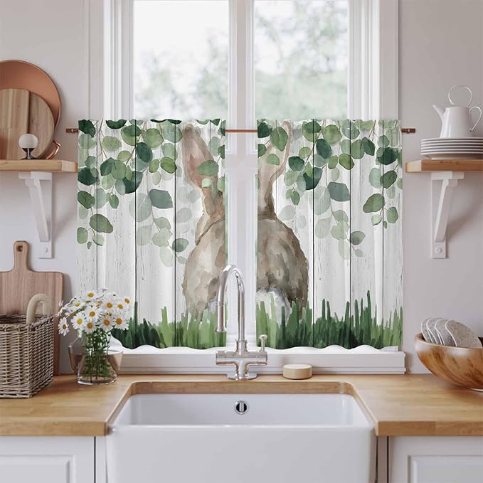 Easter Kitchen Curtains, Country Rabbit Botanical Leaves Wooden Grain Light - Image 2
