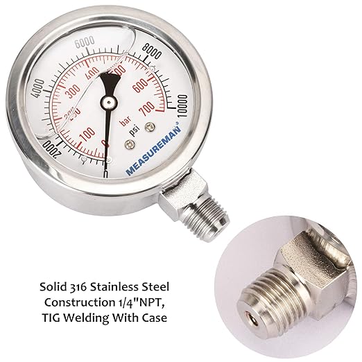 MEASUREMAN 2-1/2" dial, Glycerin Filled Hydraulics Pressure Gauge Stainless - Image 5