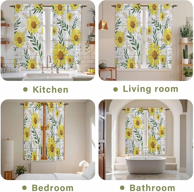 Yellow Daisy Kitchen Curtains, Farmhouse Country Flower Leaf Plant Wood Grain - Image 8