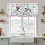 Spring Tier Curtains, Bicycles Botanical Leaves Rose Colorful Stripes Light - Image 2
