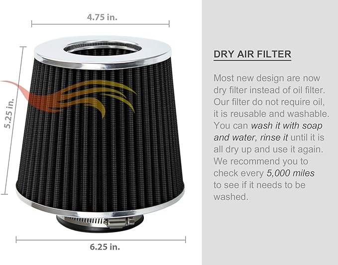 BLACK 3.5" 89 mm Inlet Narrow Air Cone Replacement Performance Washable - Image 9