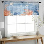 Ocean Corals Sheer Valance Curtains, Summer Beach Coral Sea Stars Blue Stripes - Image 3