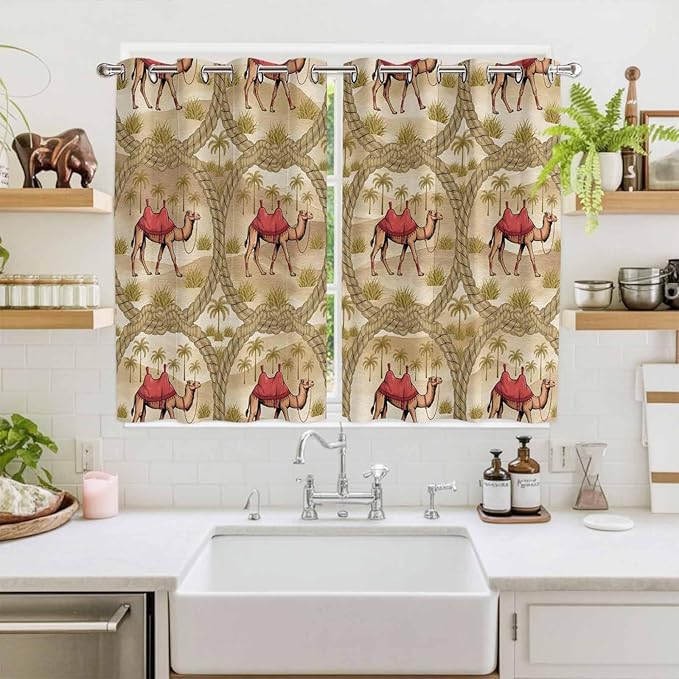 2 Panel Kitchen Cafe Curtains, Desert Camels Sunlight Filtering Nature Air - Image 2
