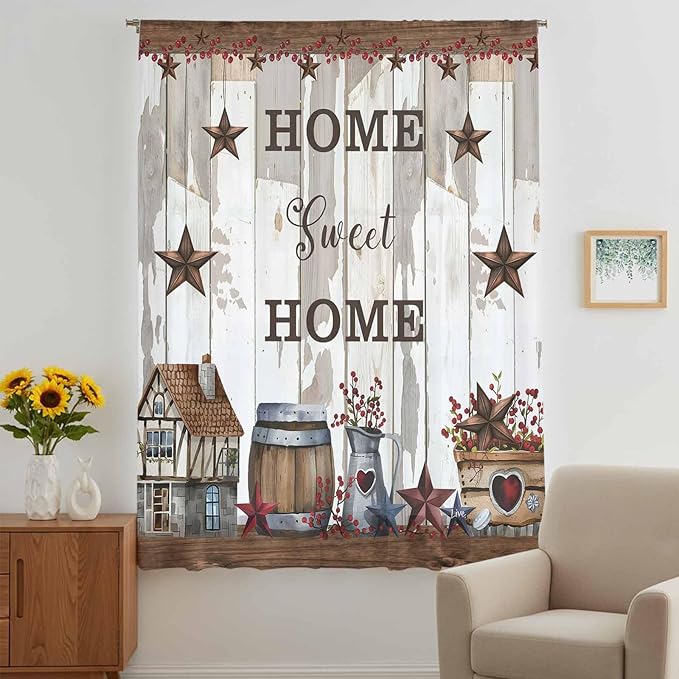 Farmhouse Sheer Curtains 96 Inch Length Retro Country Star Berry Vintage Wood - Image 5