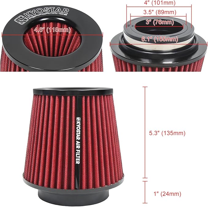 KYOSTAR Universal 3/3.5/4" High-Flow Air Filter, Reusable Cone Cold Air Intake - Image 2