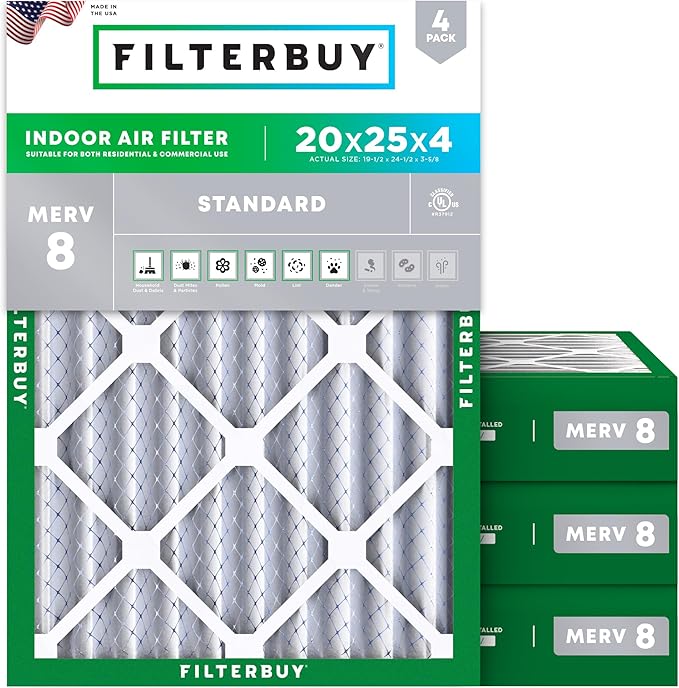 Filterbuy 20x25x4 Air Filter MERV 8 Essential Dust & Allergy Defense, by Filterbuy