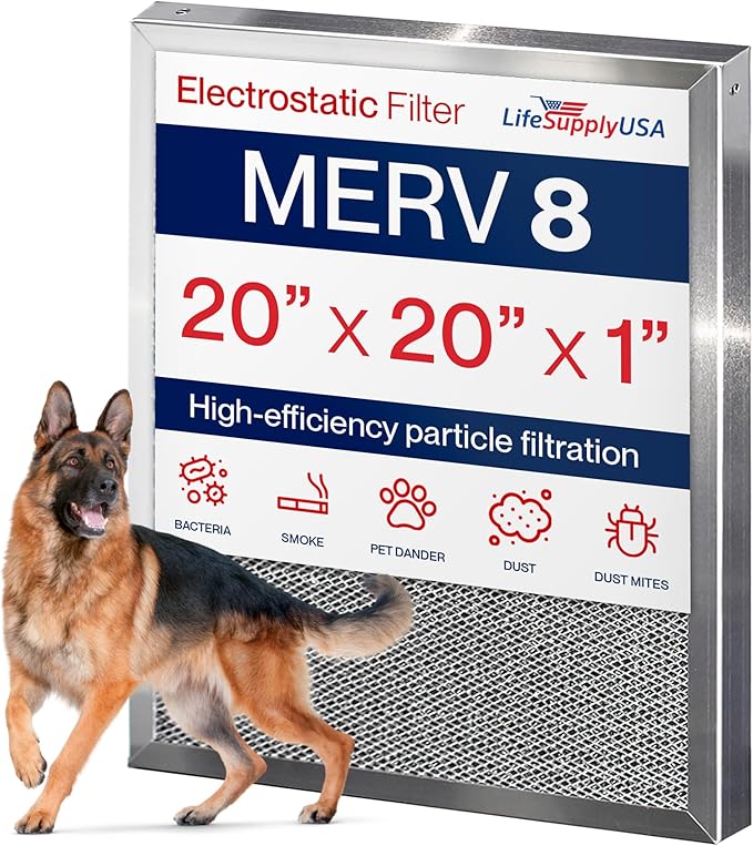 20x20x1 Electrostatic Air Filter, MERV 8, Reusable Furnace AC/HVAC Filter by LifeSupplyUSA
