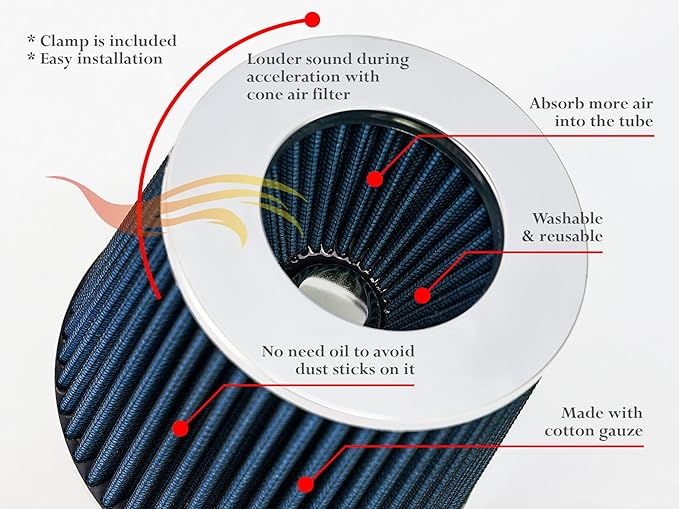 BLUE 3" 76 mm Inlet Cold Air Cone Replacement Performance Washable Clamp-On Dry - Image 4