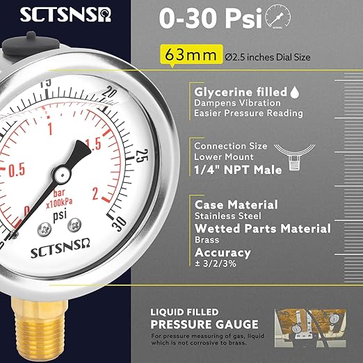 2-1/2" Dial Size, 0-30 Psi Low Pressure Gauge, Glycerin Liquid Filled, 1/4" NPT - Image 2