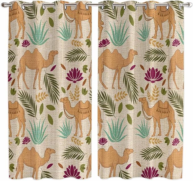 2 Panel Kitchen Cafe Curtains, Desert Camels Sunlight Filtering Nature Air by Hokiten