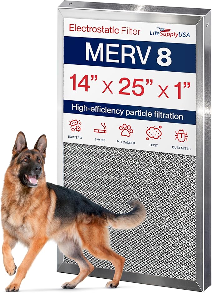 14x25x1 Electrostatic Air Filter, MERV 8, Reusable Furnace AC/HVAC Filter by LifeSupplyUSA
