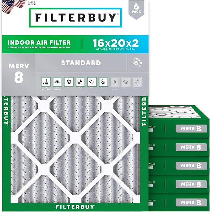 Filterbuy 16x20x2 Air Filter MERV 8 Essential Dust & Allergy Defense, by Filterbuy