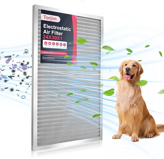Torjim 24x30x1 MERV8 Washable Reusable Electrostatic Air Filter, AC/HVAC by Torjim