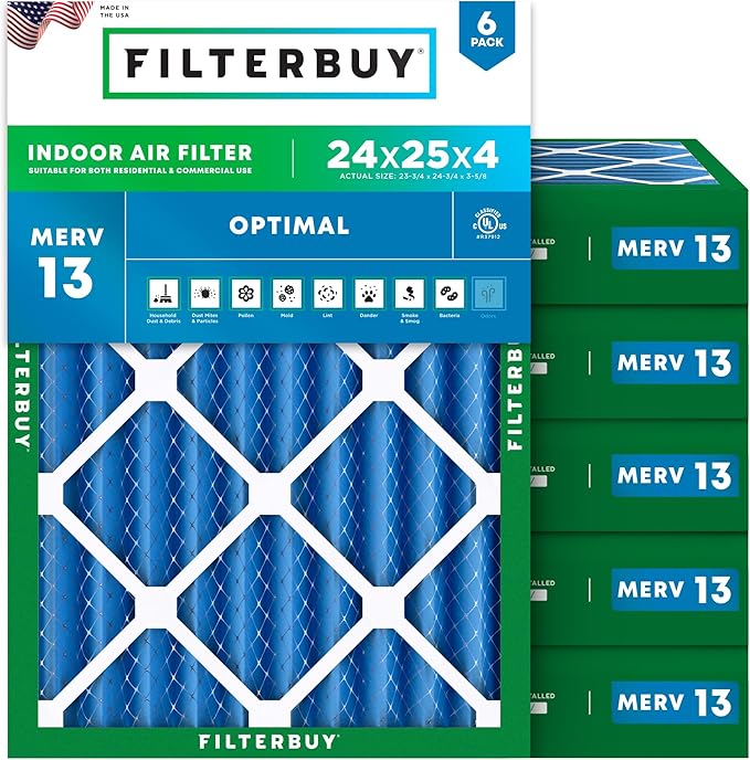 Filterbuy 24x25x4 Air Filter MERV 13 Optimal Smoke & Allergy Defense, by Filterbuy