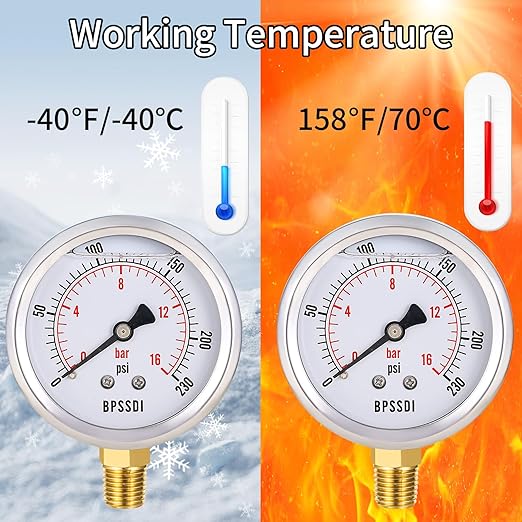 0-230 Psi Glycerin Liquid Filled Pressure Gauge, 2.5" Dial Size, 1/4" NPT Lower - Image 6