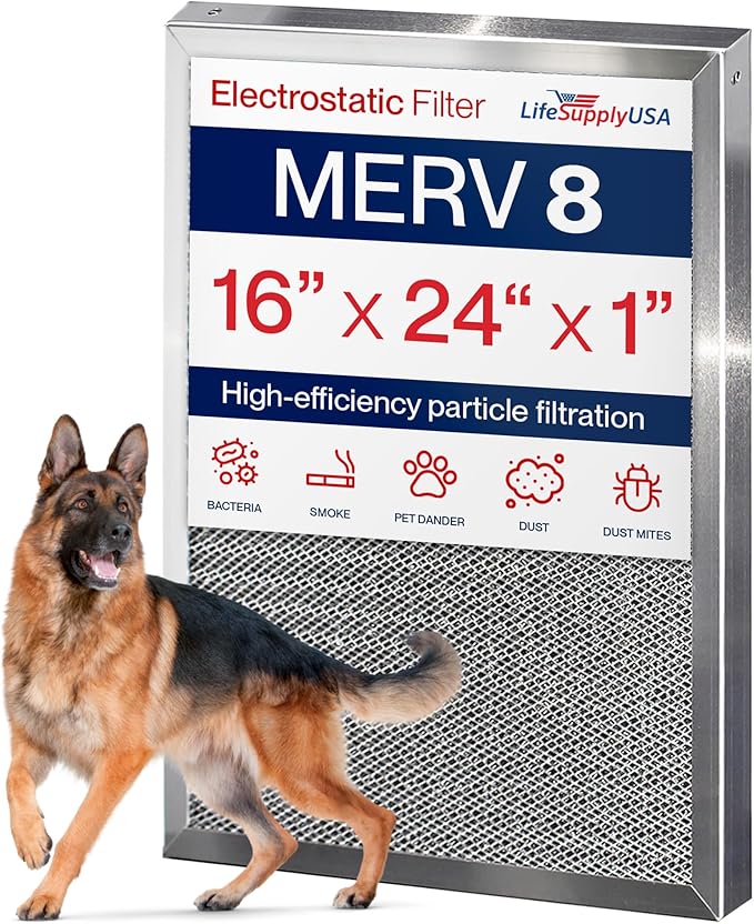 16x24x1 Electrostatic Air Filter, MERV 8, Reusable Furnace AC/HVAC Filter by LifeSupplyUSA