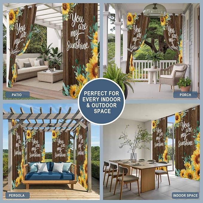 Summer Outdoor Curtains for Patio Sunflowers Eucalyptus Leaves Wood Waterproof - Image 8