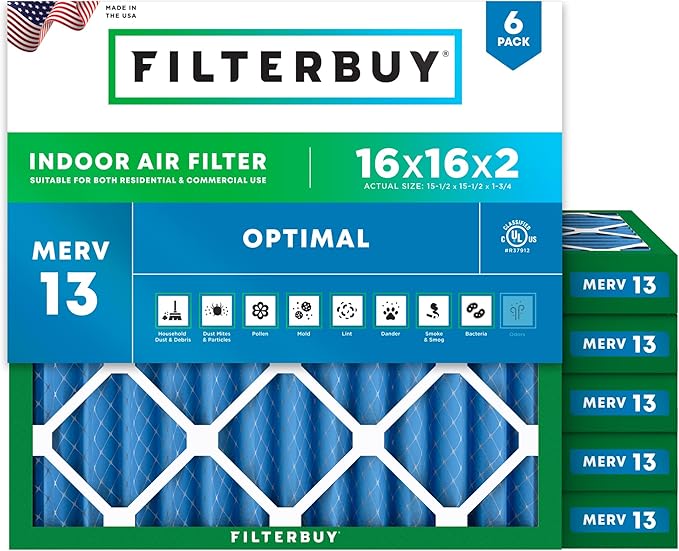 Filterbuy 16x16x2 Air Filter MERV 13 Optimal Smoke & Allergy Defense, by Filterbuy