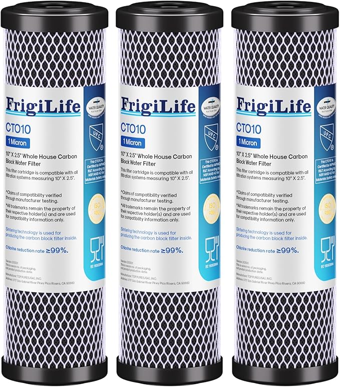 1 Micron 10" x 2.5" Whole House CTO Carbon Sedimen Water Filter Compatible by FrigiLife