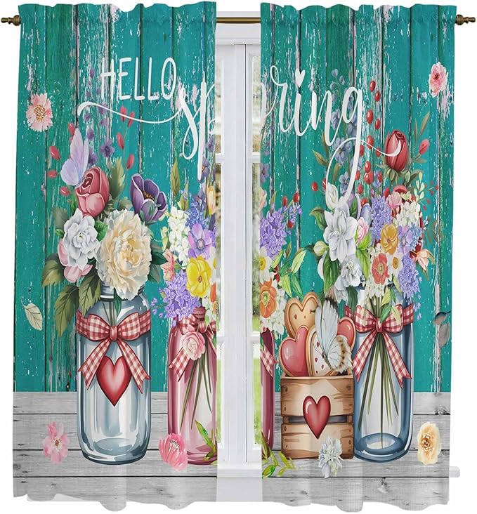 Spring Flowers Kitchen Curtains, Farmhouse Watercolor Teal Wood Grain Light by Unknown