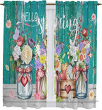 Spring Flowers Kitchen Curtains, Farmhouse Watercolor Teal Wood Grain Light by Unknown