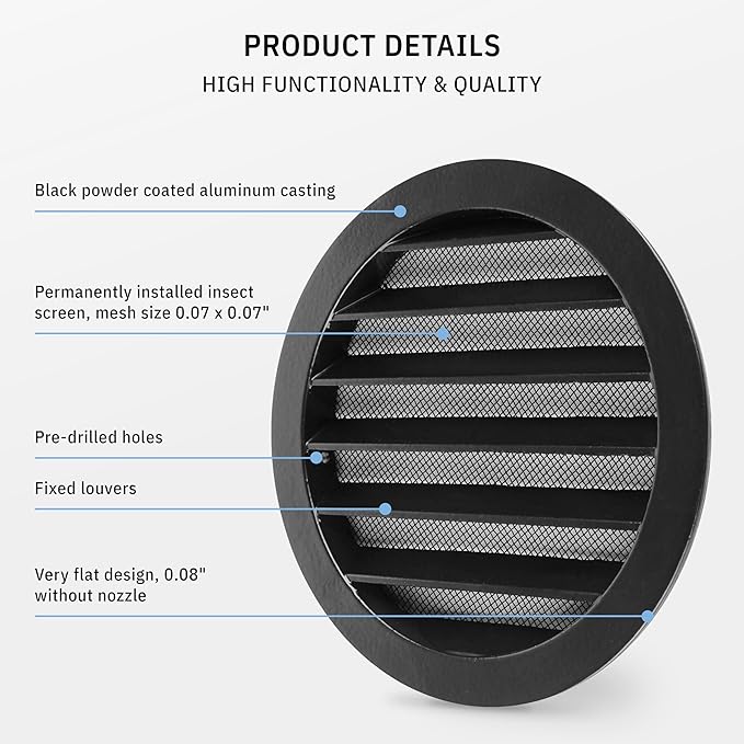 calimaero® WSGB 5" Inch Black Round Metal Air Vent Grill Cover Flat Louver - Image 4