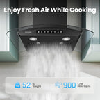Black 30 inch Wall Mounted Range Hood Glass 900 CFM, Stainless Steel Kitchen - Image 2