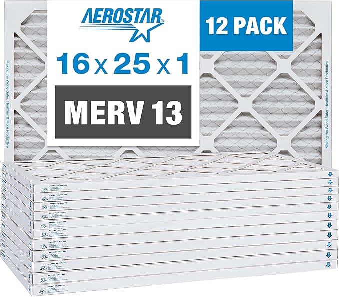 Aerostar 16x25x1 MERV 13 Pleated Air Filter, AC Furnace Air Filter, 12 Pack by AirFiltersDelivered