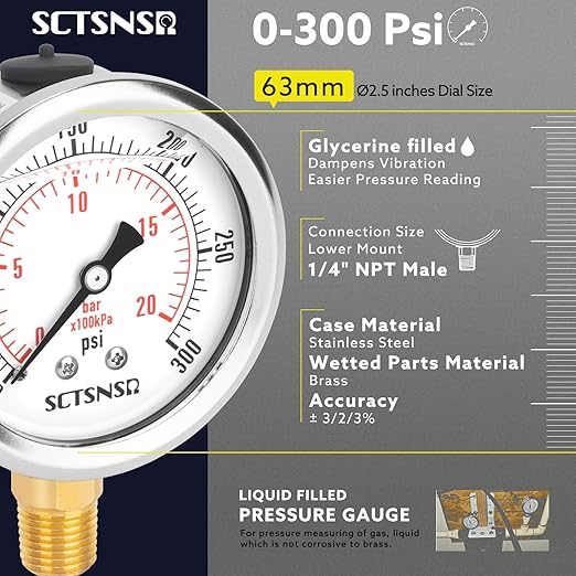 2-1/2" Dial Size, 0-300 Psi Pressure Gauge, Glycerin Liquid Filled, 1/4" NPT - Image 2