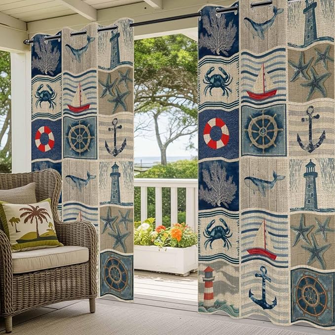 Oceans Outdoor Curtains for Patio Shell Starfish Whales Summer Vintage - Image 5