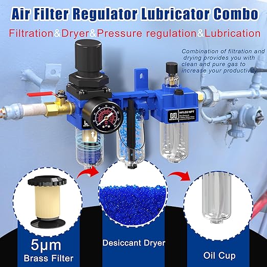 NEWPO 1/4" NPT Compressed Air Filter Regulator Lubricator Combo, Water/Oil Trap - Image 3