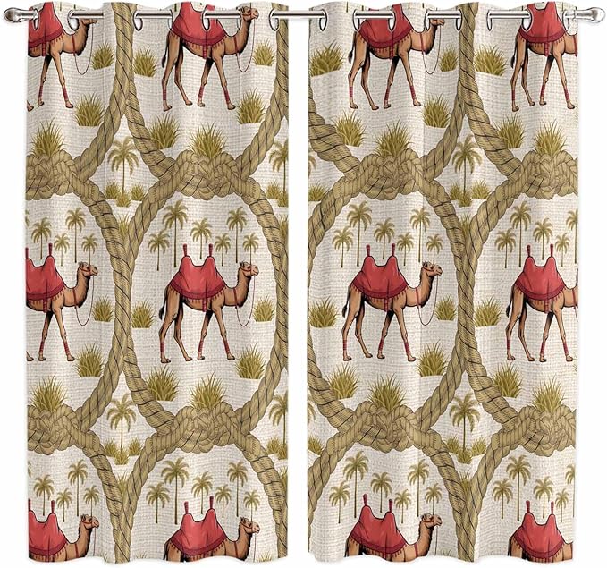 2 Panel Kitchen Cafe Curtains, Camels Palm Trees Sunlight Filtering Nature Air by Hokiten