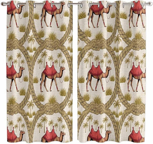 2 Panel Kitchen Cafe Curtains, Camels Palm Trees Sunlight Filtering Nature Air by Hokiten