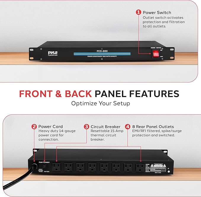 Pyle 1800W 8-Outlet Rack Mount Power Conditioner - 15 Amp Surge Protector - - Image 3