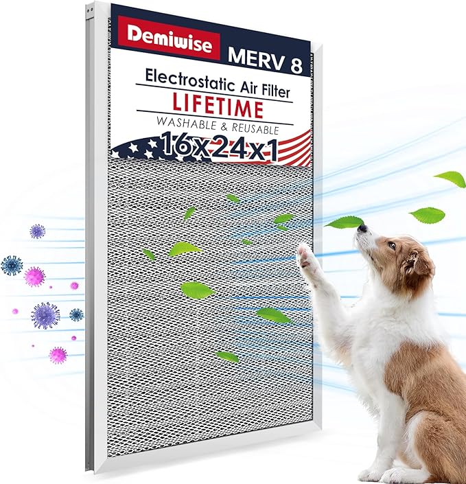 16x24x1 Lifetime Electrostatic Air Filter, MERV 8 Reusable Aluminum AC/HVAC by Demiwise