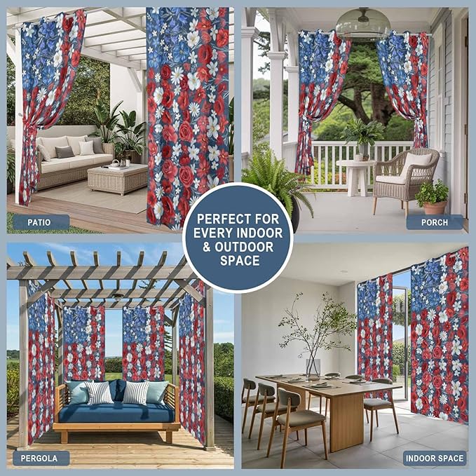 4th of July Outdoor Curtains for Patio Patriotic Flowers Farmhouse Red - Image 8