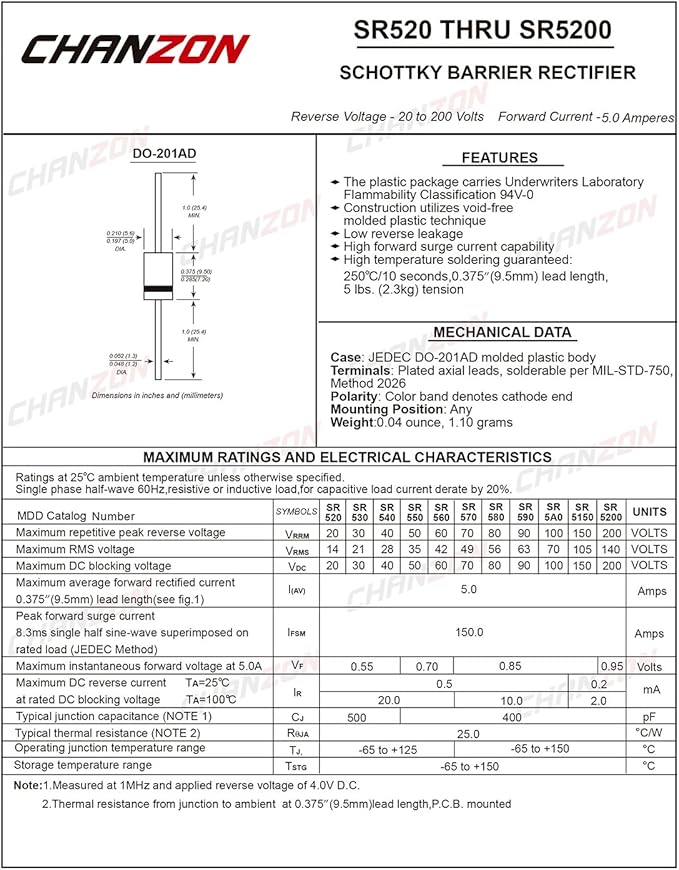 Chanzon SR560 Schottky Barrier Rectifier Diodes 5A 60V DO-201AD Axial 5 Amp 60 - Image 2