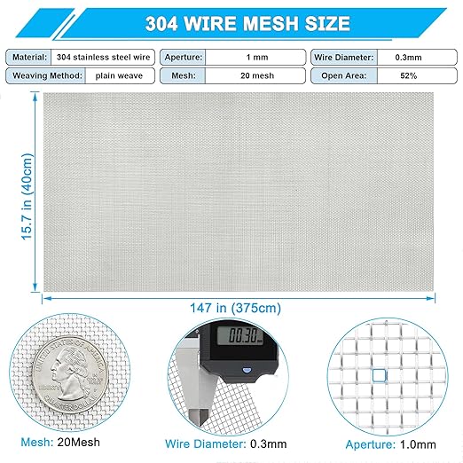Stainless Steel Mesh Screen 20Mesh 304, 15.7" x 147" Metal Mesh Screen - Image 2