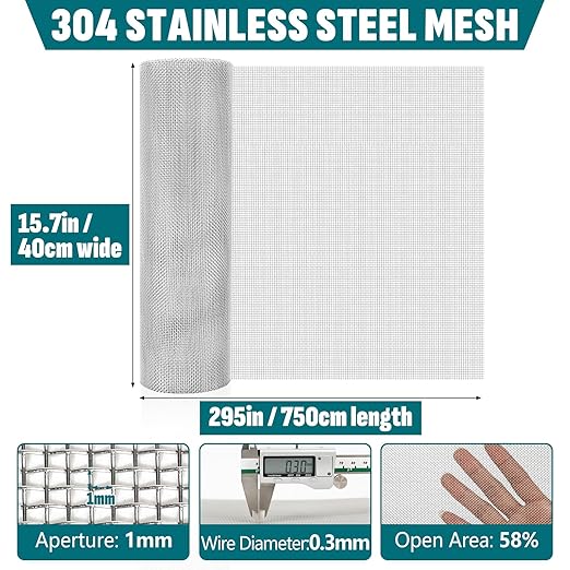 20 Mesh 304 Stainless Steel Mesh Screen, 15.7'' x 295'' Wire Screen Mesh - Image 2