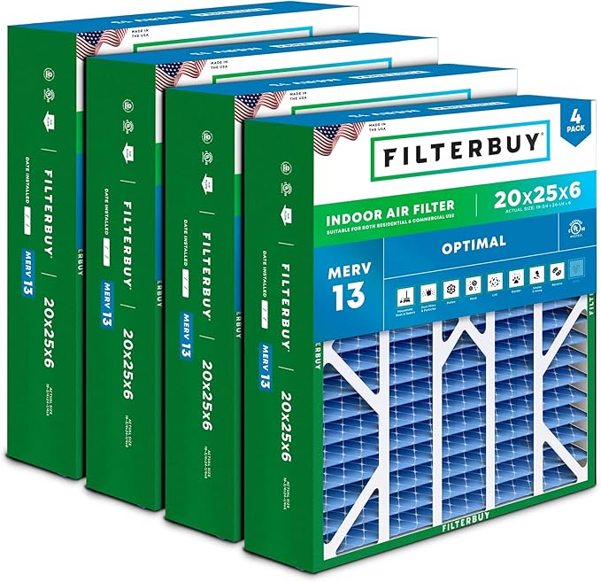 Filterbuy 20x25x6 Air Filter MERV 13 Optimal Smoke & Allergy Defense, Pleated by Filterbuy