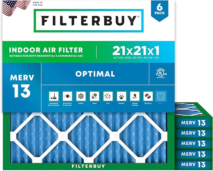 Filterbuy 21x21x1 Air Filter MERV 13 Optimal Smoke & Allergy Defense, by Filterbuy