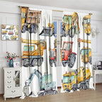 Kids Excavator Curtains, Retro Truck Tractor Machinery Construction Vehicle - Image 3