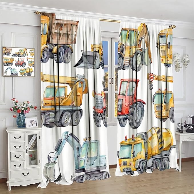 Kids Excavator Curtains, Retro Truck Tractor Machinery Construction Vehicle - Image 3