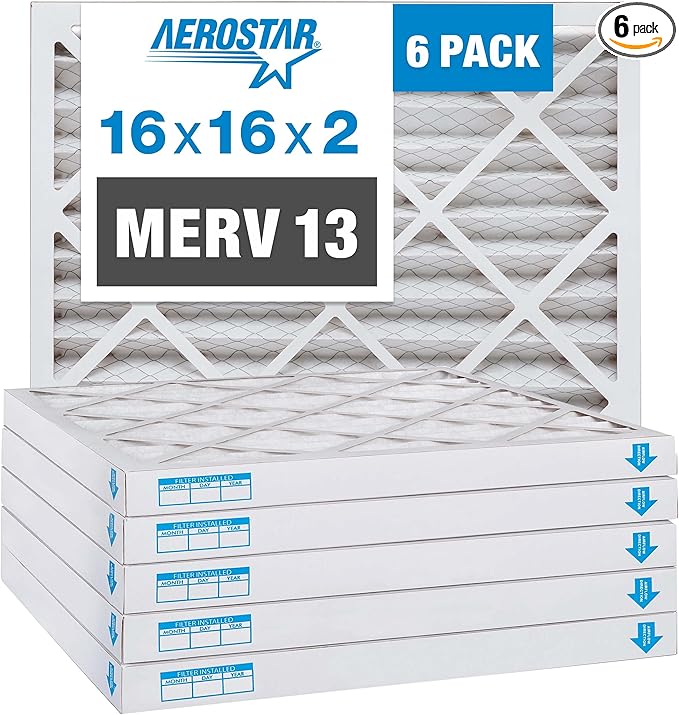 Aerostar 16x16x2 MERV 13, Pleated Air Filter, Box of 6, Made in the USA by AirFiltersDelivered